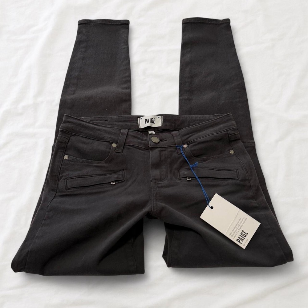 Paige Coated Moto Skinny Jeans Dark Charcoal Gray 2152521-2037 Size 26